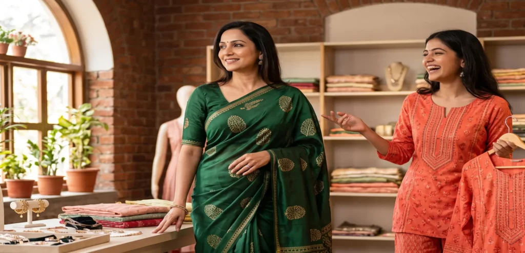 A curated collection of contemporary Indian women's ethnic wear from Try My Boutique, a premier online boutique offering stylish sarees and kurtas. The featured banner shows two beautiful models: one in a rich, dark forest green silk saree with traditional bootis and gold work, and another smiling joyfully in a vibrant coral orange embroidered kurta set. They are within a sophisticated, welcoming Hyderabad boutique with rustic brick walls, arched windows, and curated shelves of folded garments, textiles, and jewelry. This elegant image showcases the contemporary ethnic wear collection of TryMyBoutique.