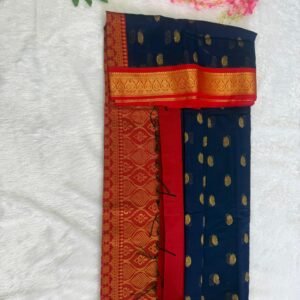 Crimson red saree featuring a fine gold check pattern and a solid gold zari temple border.