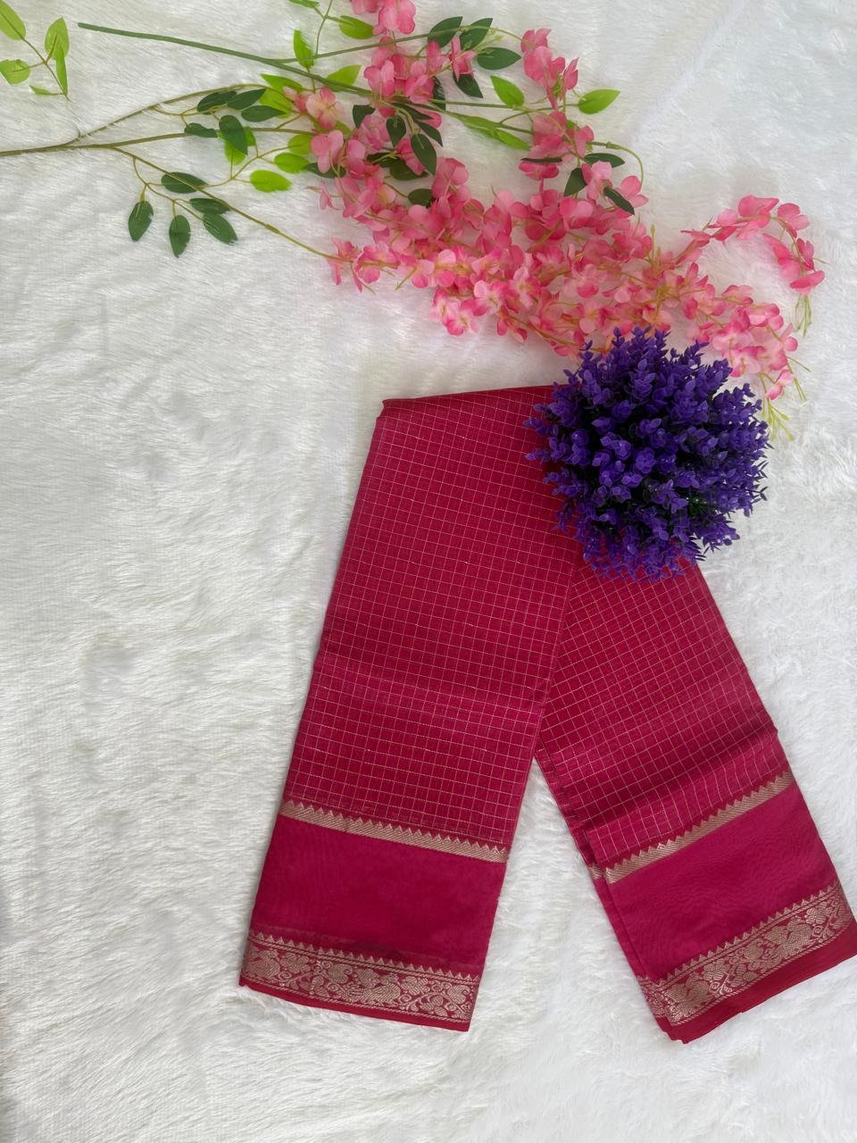 Deep Magenta Gold Grid Zari Saree with Floral Border - Image 3