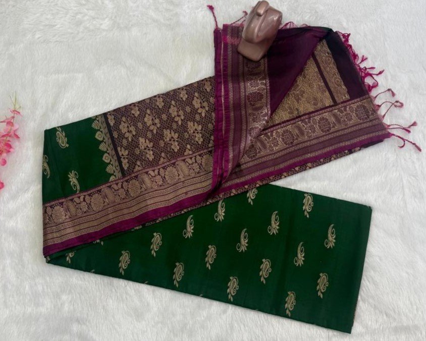 Emerald Green & Royal Purple Brocade Saree - Image 2