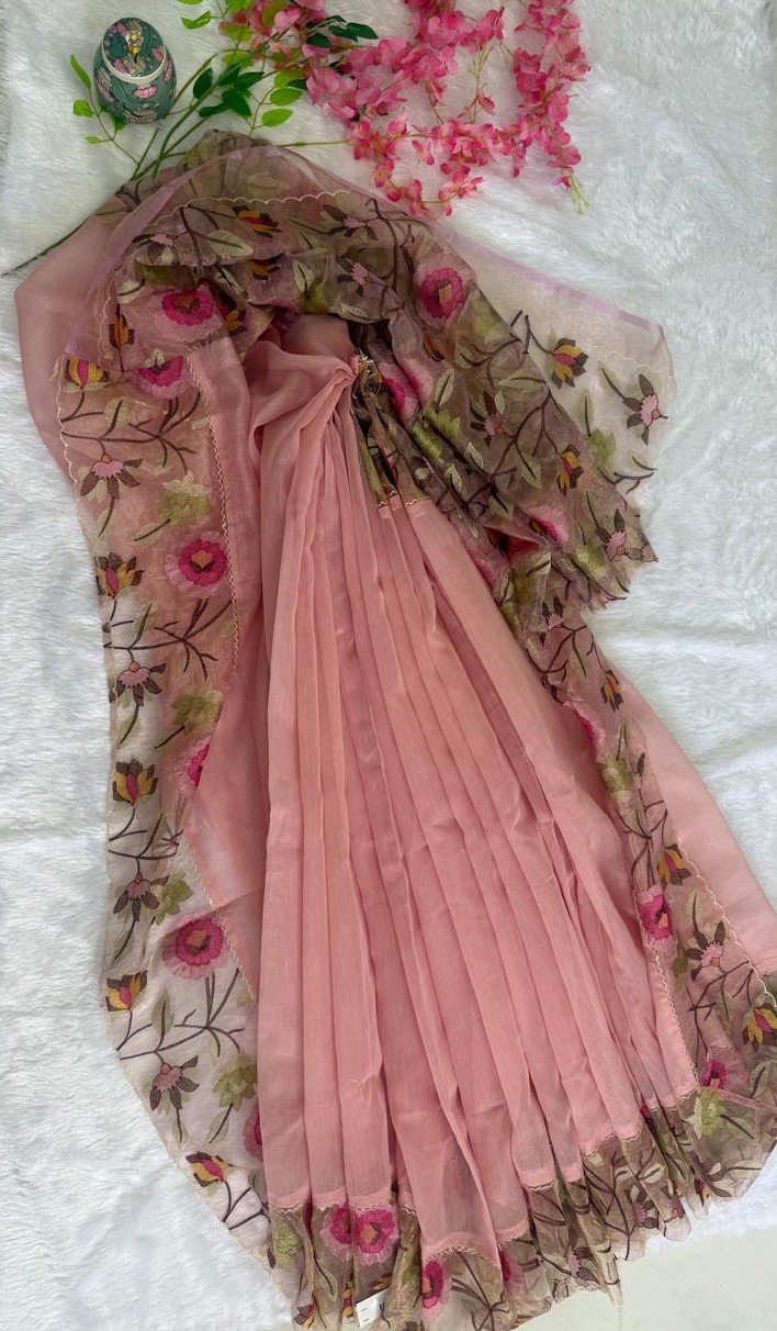 Soft Blush Pink Sheer Saree with Floral Embroidered Border - Image 3