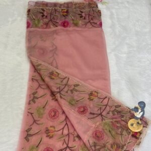 Off-white vintage cream saree with dusty rose floral print and a delicate scalloped embroidered border.