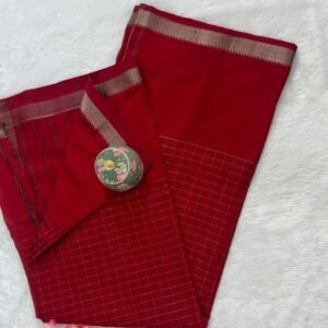 Rich ruby red saree with fine gold grid checks and a metallic zari border.