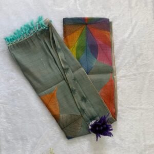 Sage green saree with vibrant multi-color rainbow leaf skeleton prints and turquoise fringe tassels.