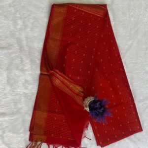 Bright scarlet red saree with fine gold grid checks, tiny gold motifs, and a broad antique gold zari border with red tassels.