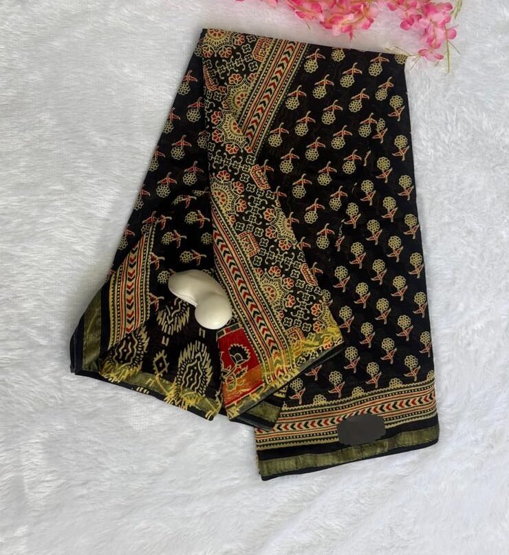 Jet Black & Tussar Beige Art Print Saree - Image 2