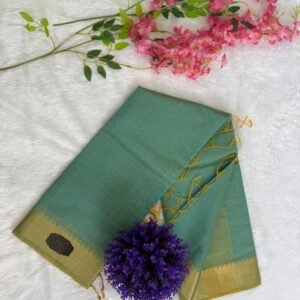 Sea green saree with an all-over fine gold woven check pattern and a gold zari border.