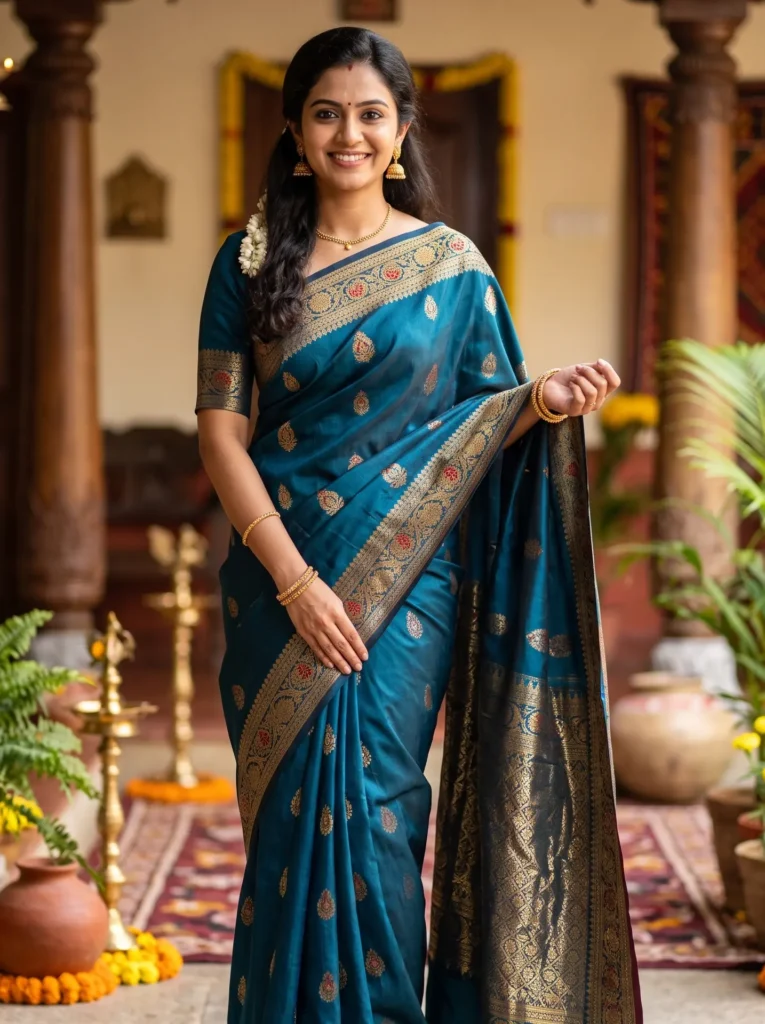 Elegant traditional blue silk saree with gold woven motifs, part of the premium women's fashion collection at Try My Boutique in Hyderabad.