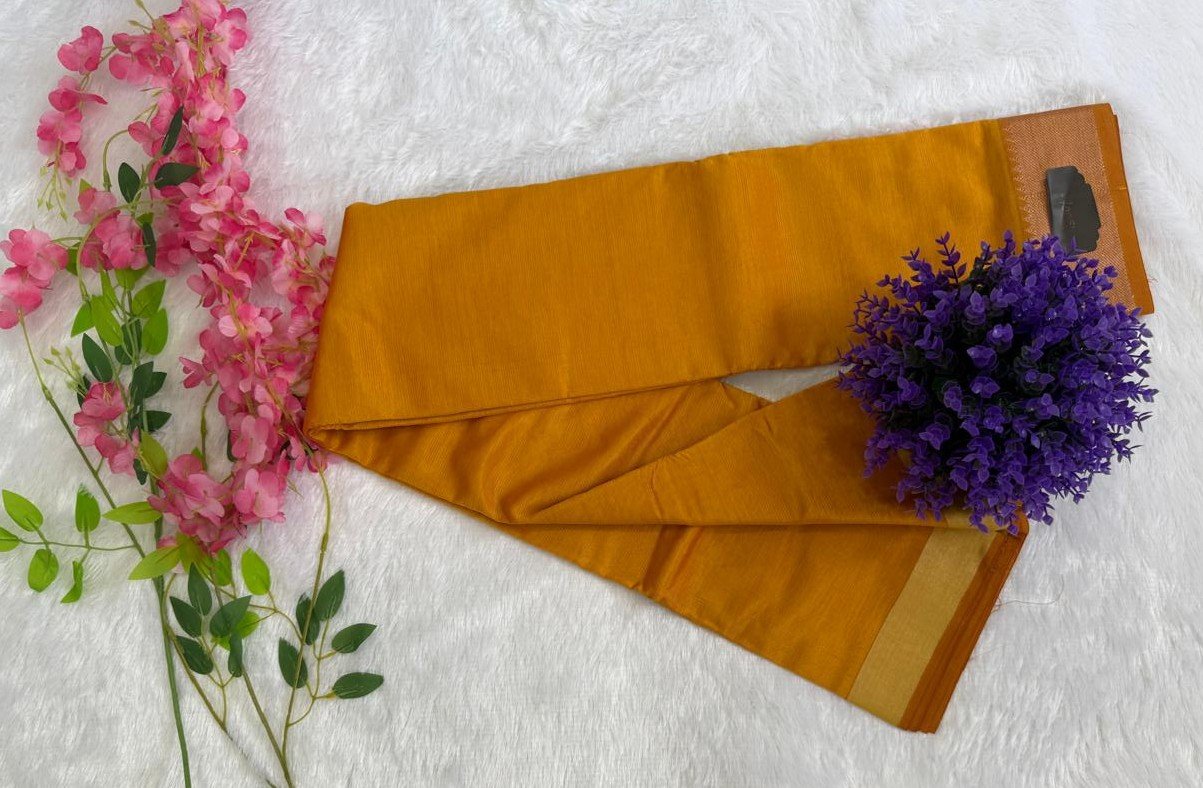 Golden Mustard Solid Zari Border Saree - Image 3