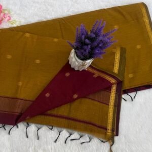 Elegant Golden Olive & Deep Maroon Maheshwari Silk Saree with Zari Border