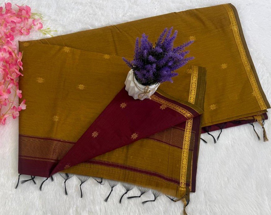 Elegant Golden Olive & Deep Maroon Maheshwari Silk Saree with Zari Border