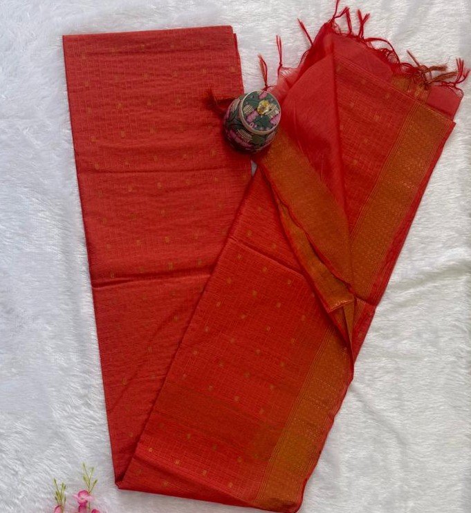 Vibrant Tomato Red Soft Sico Checks Saree with Gold Zari Border