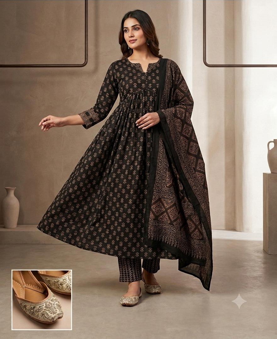 Black Printed Anarkali Kurta Set