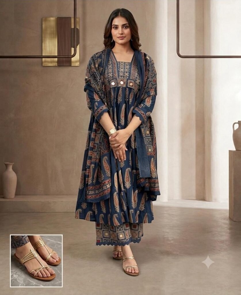Women's Navy Blue Printed Kurta Set with Dupatta