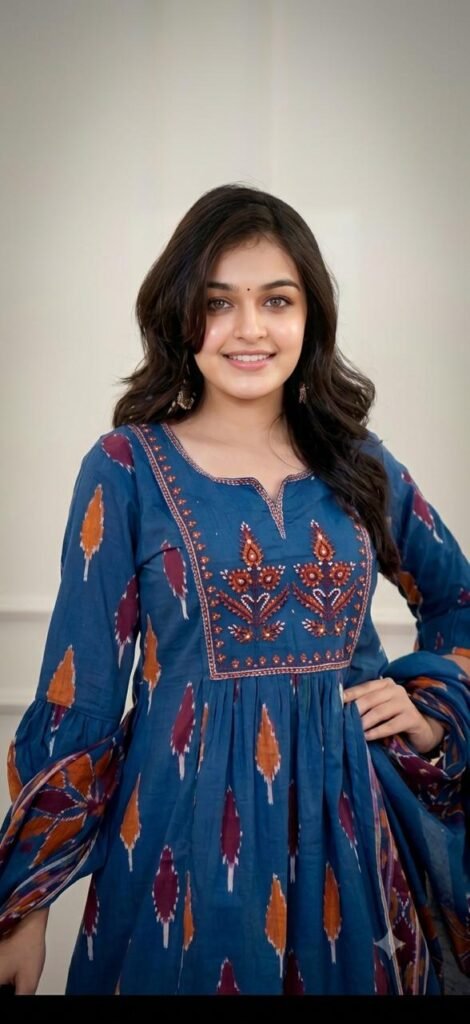 Midnight Blue Ikat-Inspired Embroidered Kurti Set