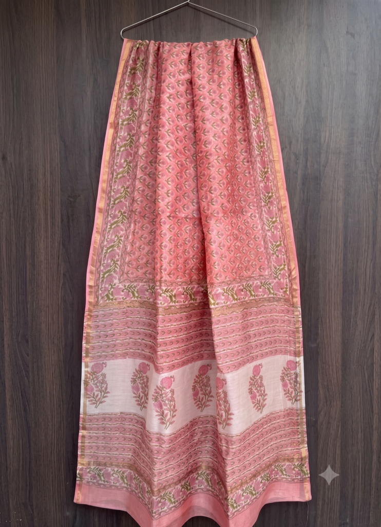 Delicate Peach Floral Handblock Print Saree with Zari Border