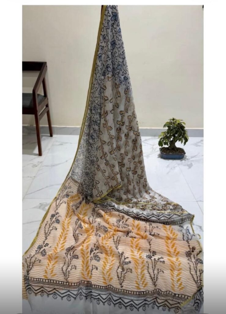 Elegant Cream & Mustard Double Diamond Chiffon Bagru Print Saree