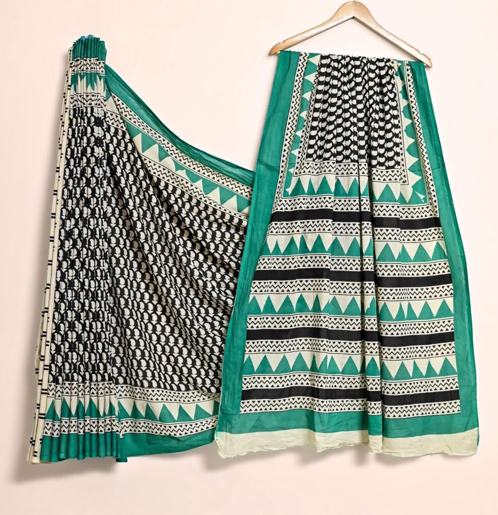 Striking Emerald Green & Black Geometric Cotton Bagru Print Saree