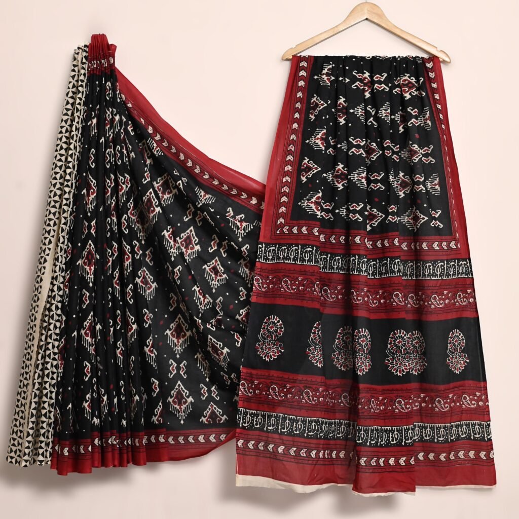 Classic Black & Maroon Handblock Bagru Print Saree