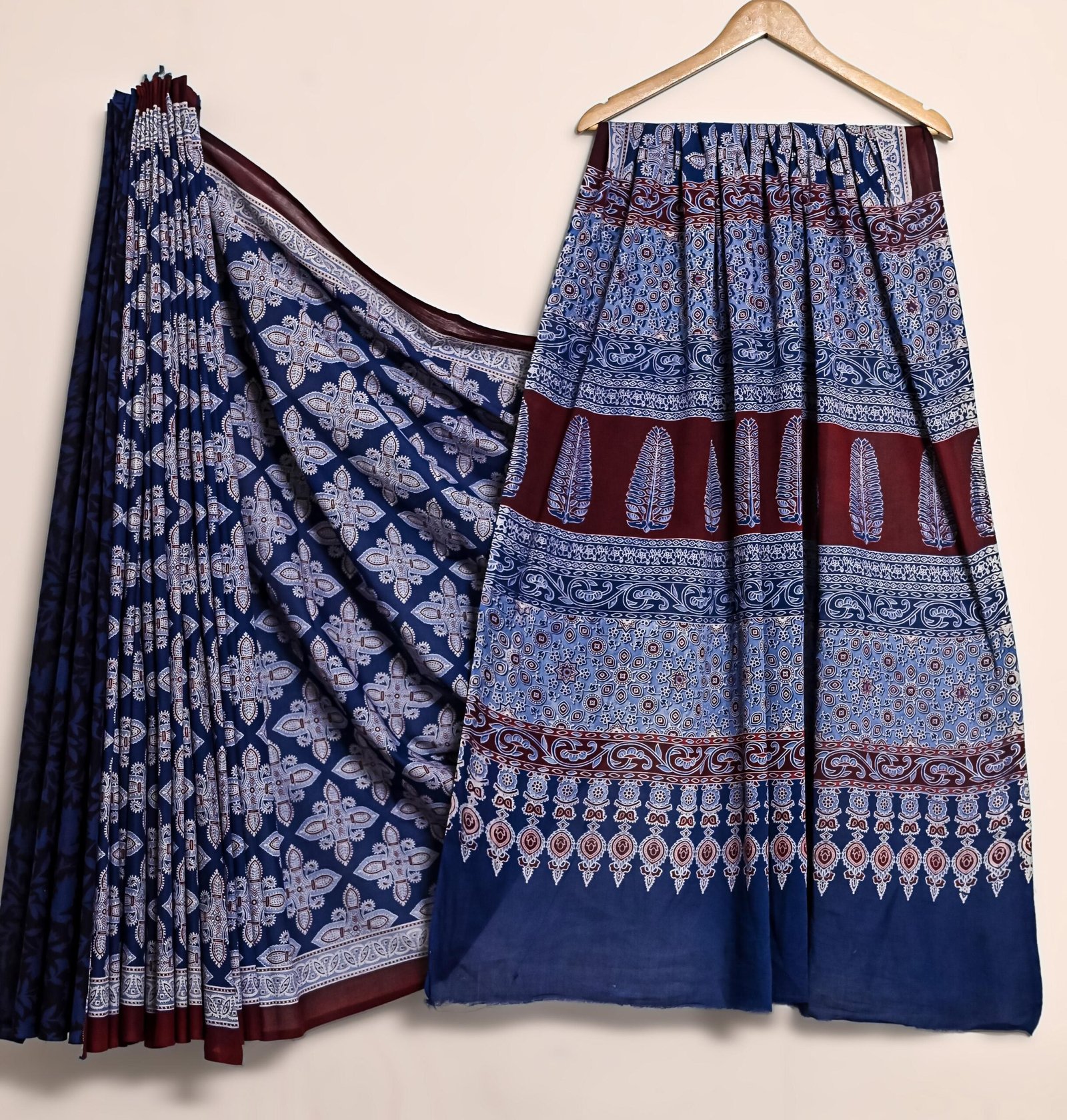 Classic Indigo Blue & Maroon Cotton Bagru Print Saree