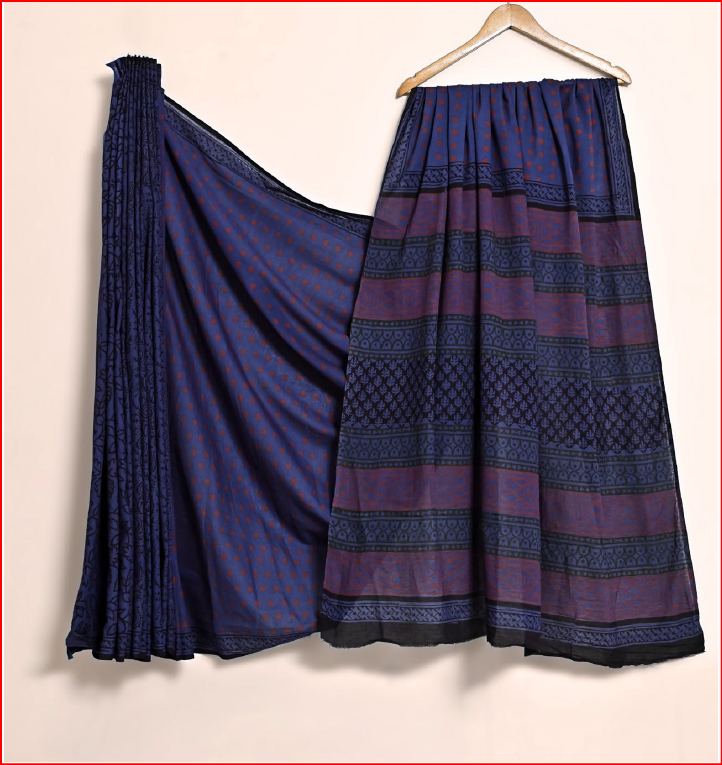 Playful Indigo Blue & Maroon Polka Dot Cotton Bagru Print Saree