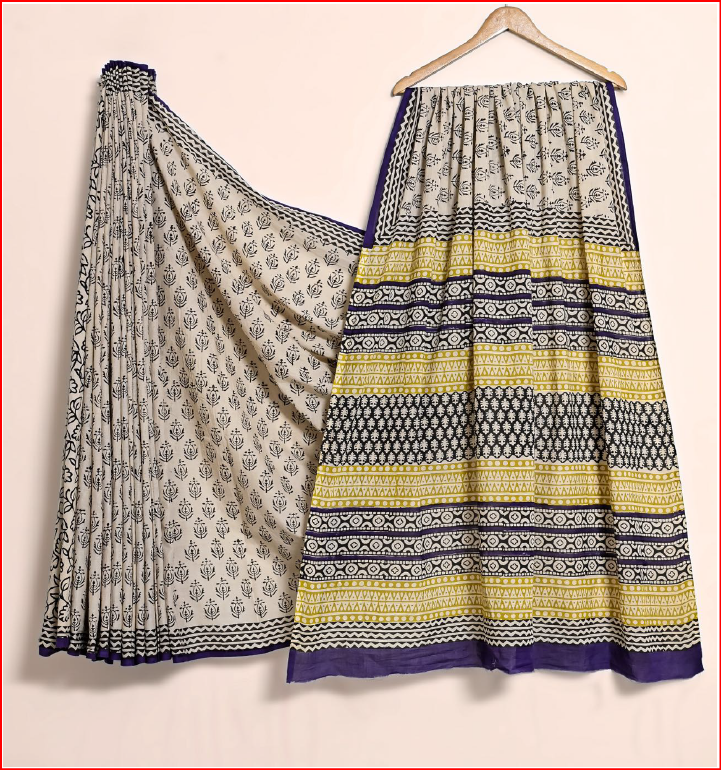Elegant Off-White & Lime Green Floral Cotton Bagru Print Saree