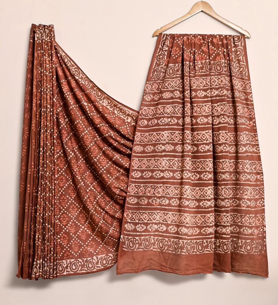 Classic Terracotta Brick Cotton Bagru Print Saree