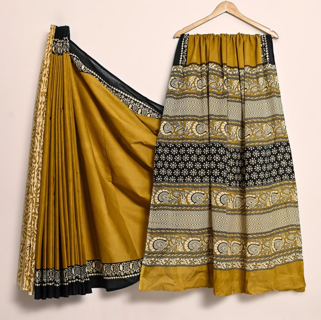 Bold Mustard Yellow & Black Cotton Bagru Print Saree