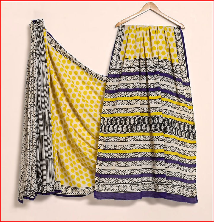 Vibrant Yellow Polka Dot Cotton Bagru Print Saree