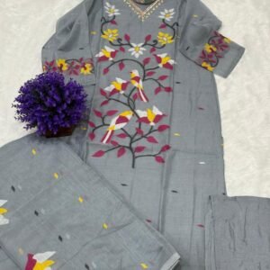 Grey Handloom Jamdani Suit Set with Sequin-Embellished Bird Motifs