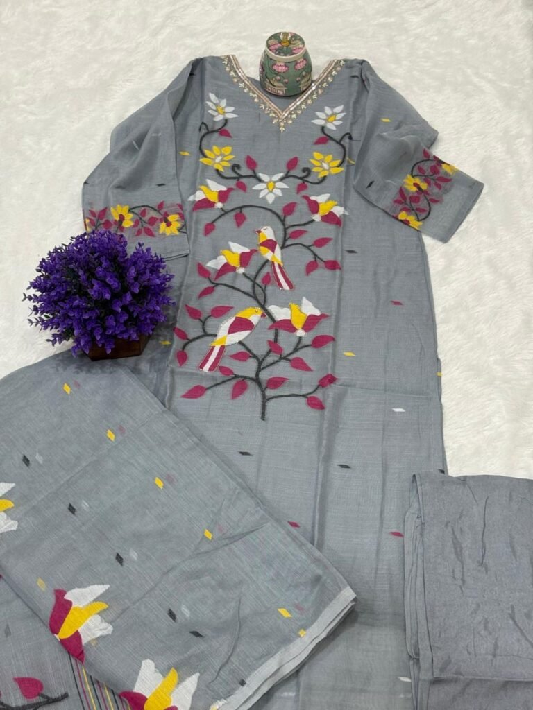 Grey Handloom Jamdani Suit Set with Sequin-Embellished Bird Motifs