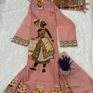 Pastel Peach Handloom Suit Set with Tribal Art & Printed Borders