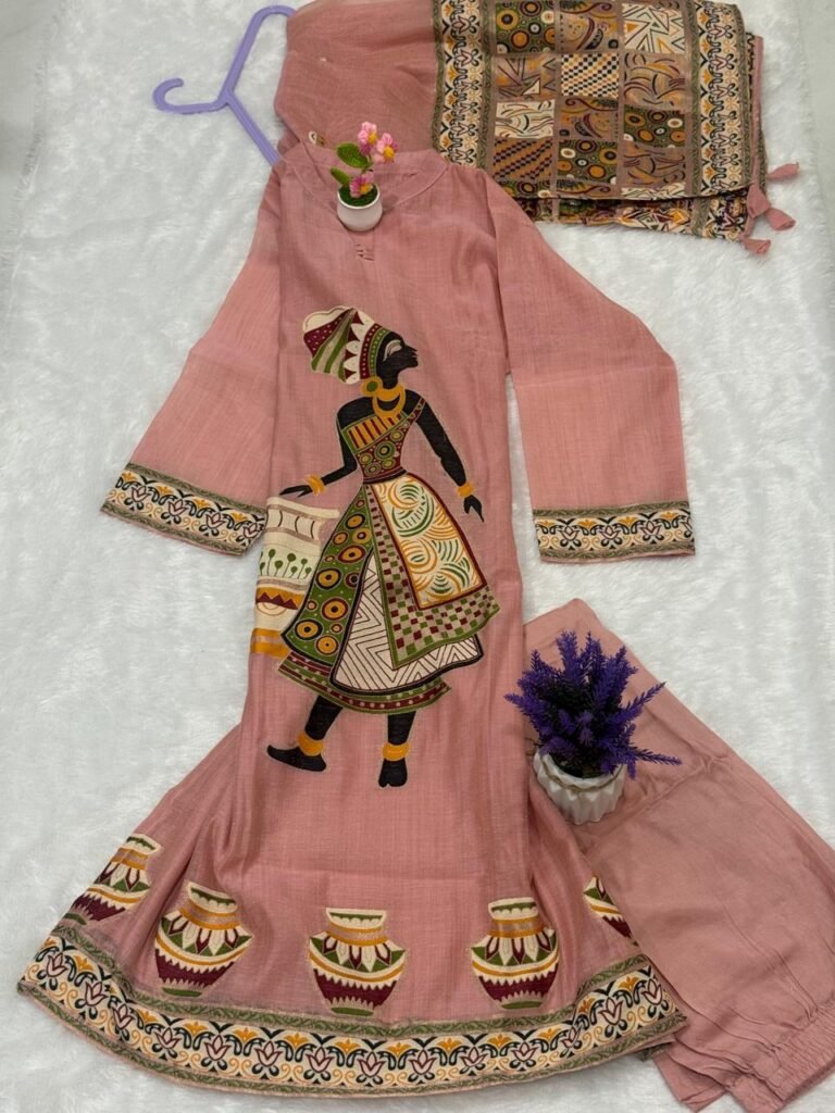 Pastel Peach Handloom Suit Set with Tribal Art & Printed Borders