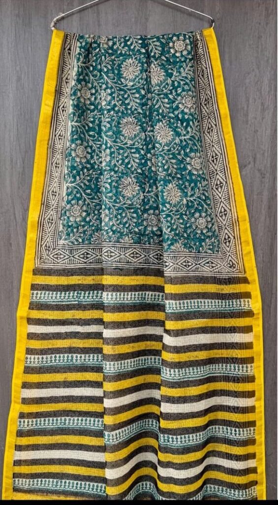 Premium Teal & Yellow Floral Bagru Print Kota Doria Saree