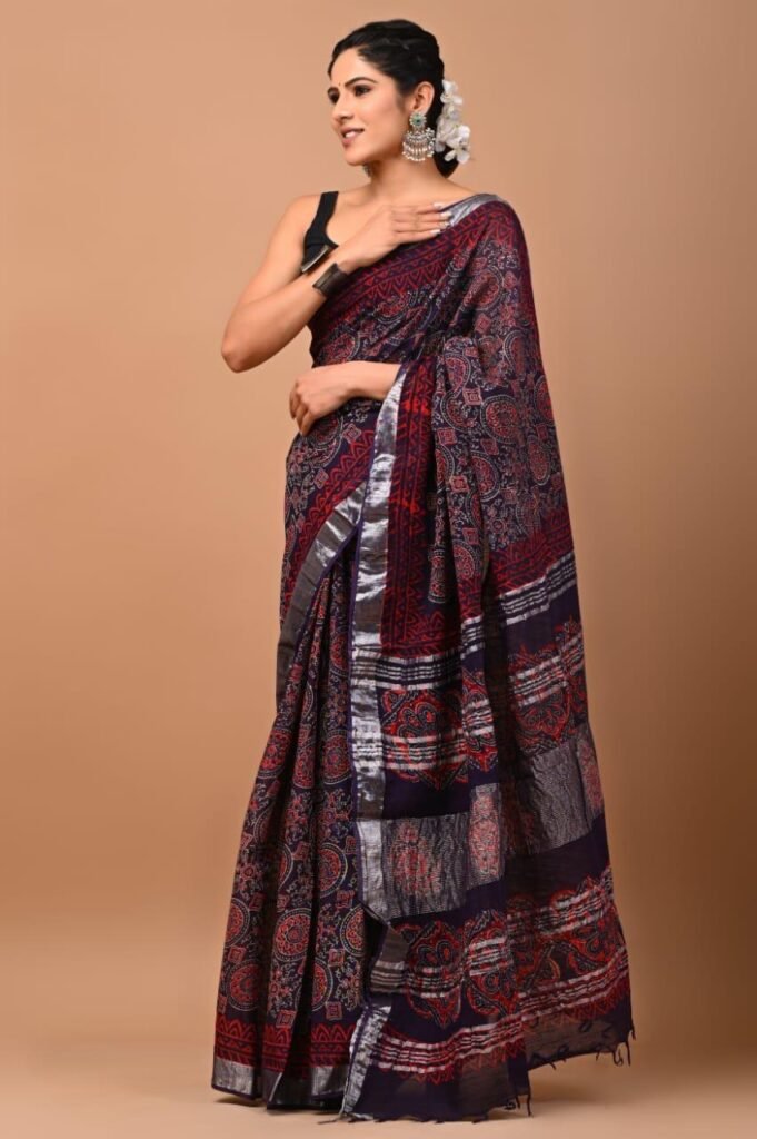 Elegant Indigo & Maroon Linen Bagru Print Saree with Silver Zari