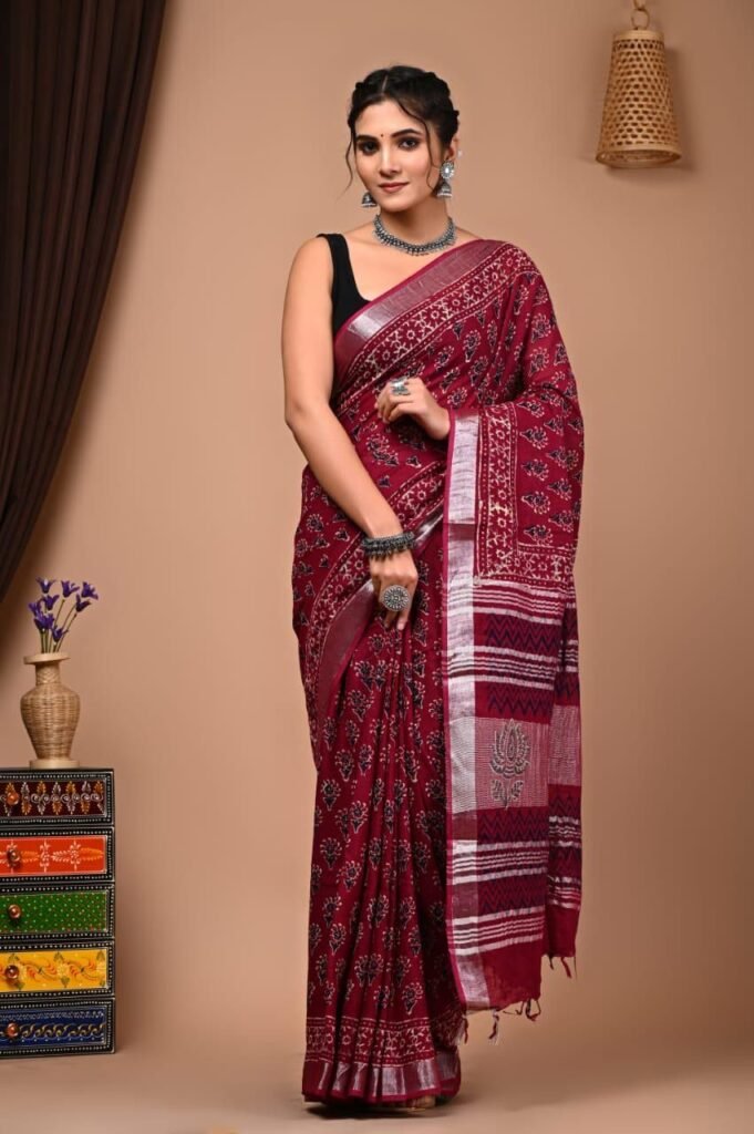 Rich Maroon Linen Bagru Print Saree with Silver Zari