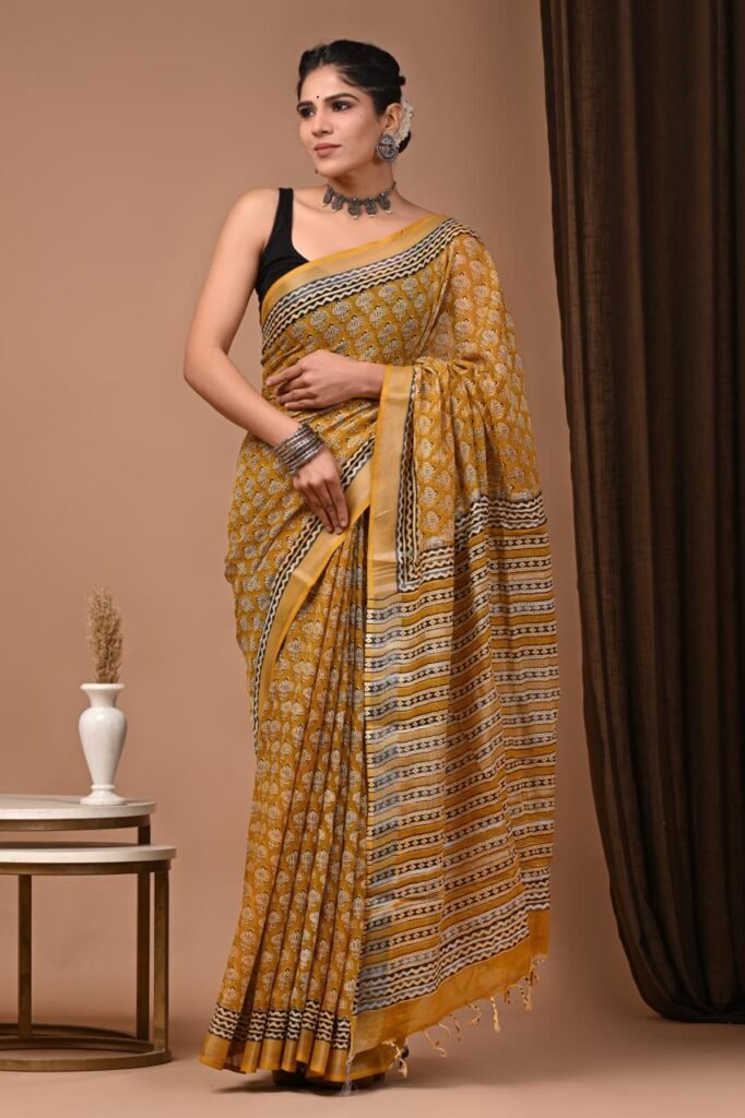 Vibrant Mustard Linen Bagru Print Saree with Zari Border