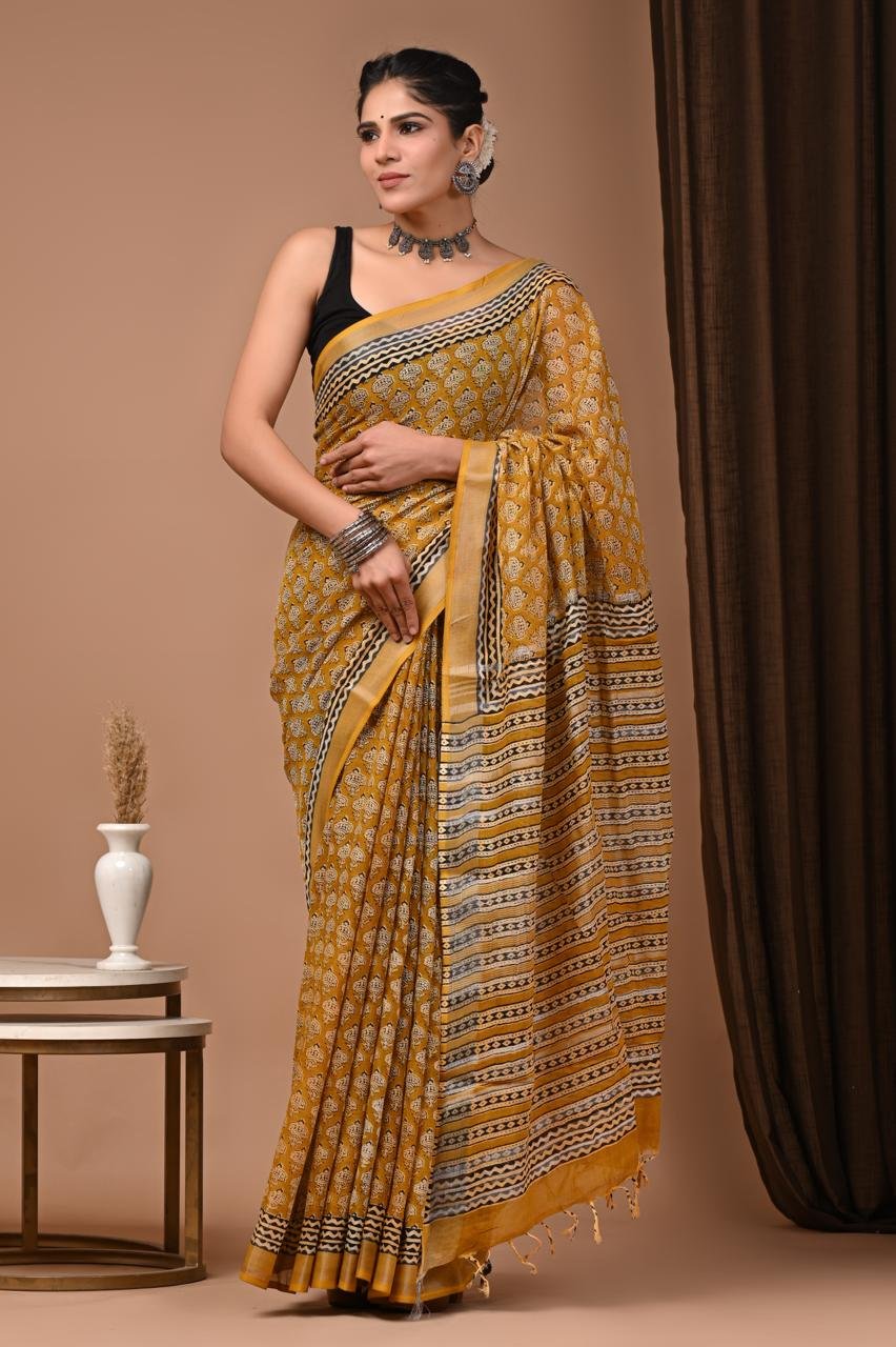 Vibrant Mustard Linen Bagru Print Saree with Zari Border