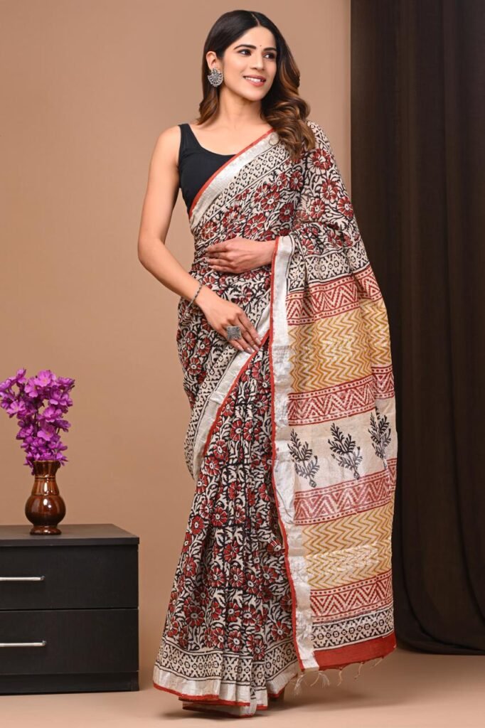 Classic Off-White & Rust Floral Linen Bagru Print Saree with Silver Zari