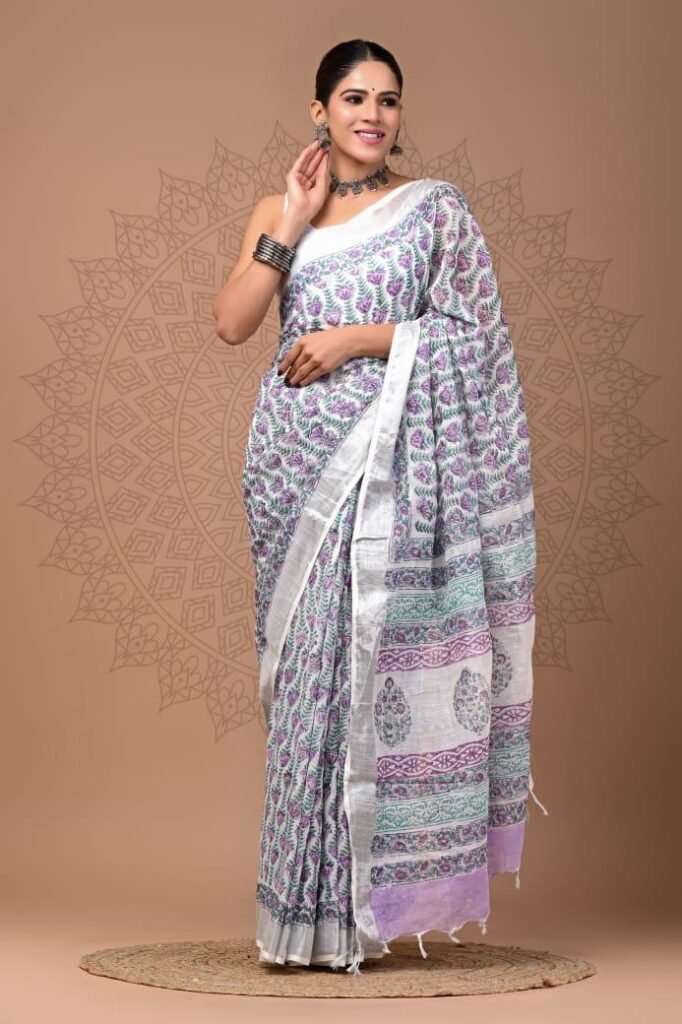 Fresh Lavender & Green Floral Linen Bagru Print Saree with Silver Zari