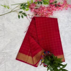 Classic Crimson Red Sico Silk Checks Saree with Gold Temple Zari Border