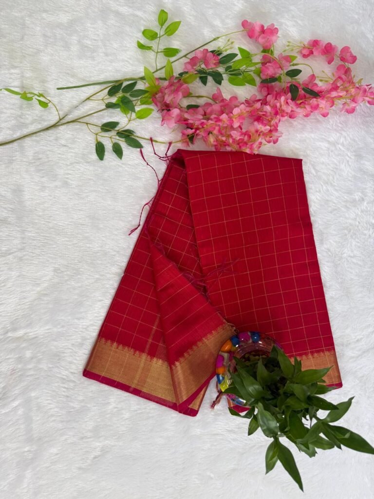Classic Crimson Red Sico Silk Checks Saree with Gold Temple Zari Border