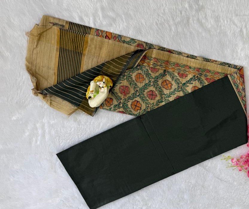 Elegant Charcoal Grey & Tussar Beige Madhubani Print Saree